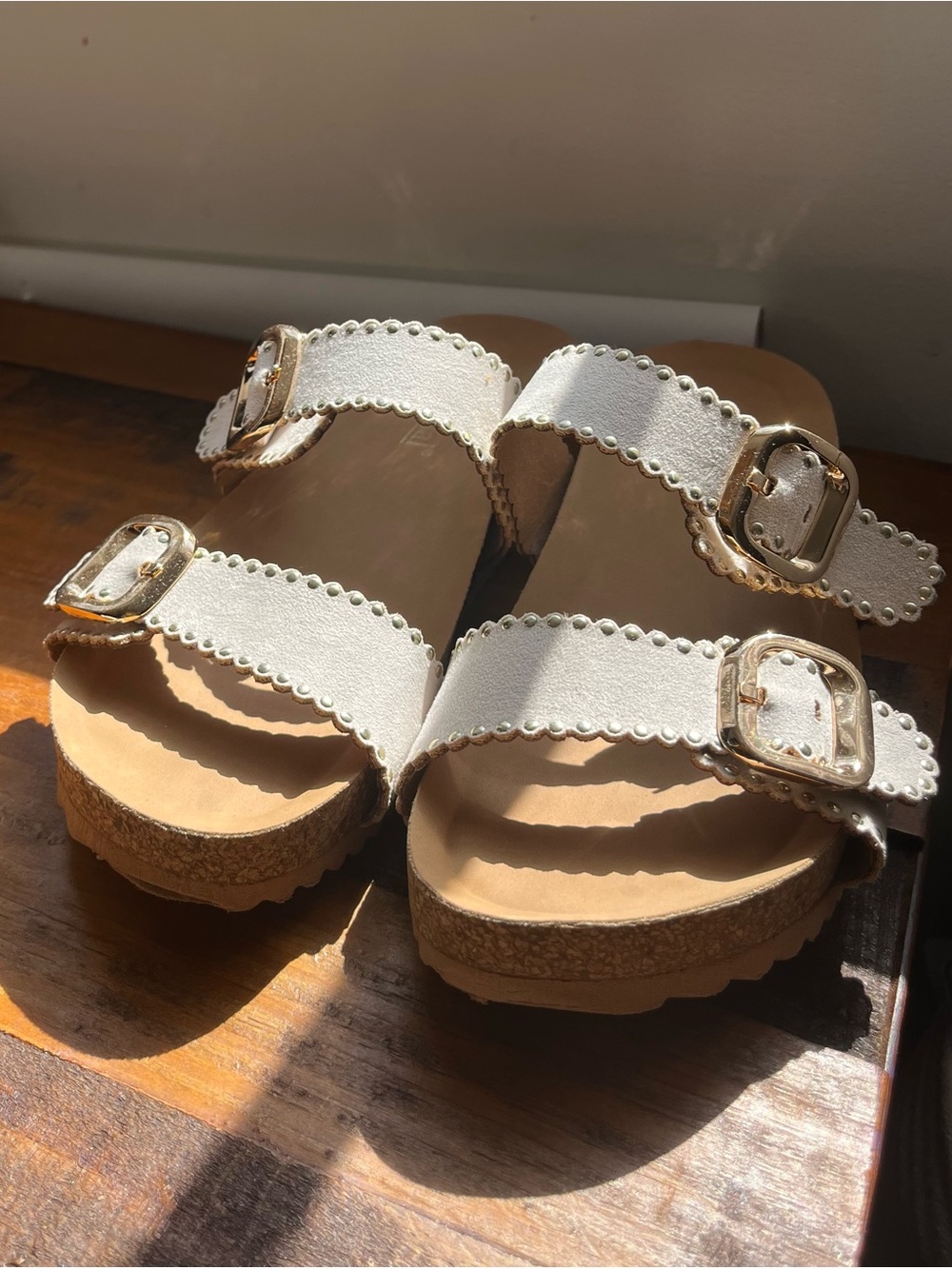 Bjorndal White Scalloped Double-Buckle Wedge Sandals